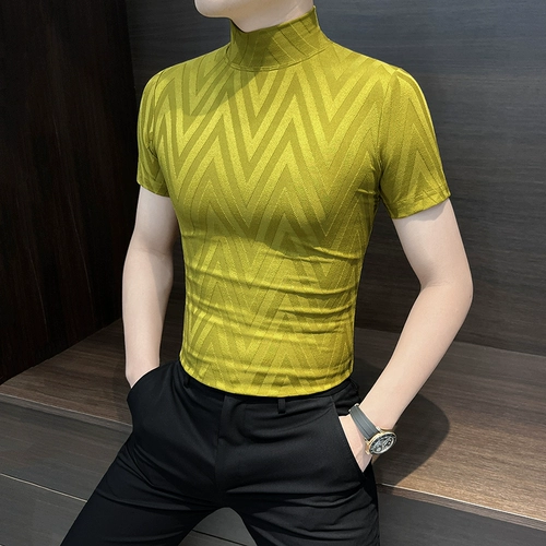 Осенняя эластичная приятная телу футболка с коротким рукавом, высокий воротник, короткий рукав, облегающий крой