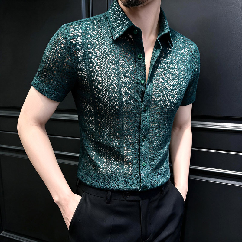 Lace Hollow-Out Floral Shirt for Men, Short-Sleeved Summer Ice Silk Trendy Brand Nightclub Performance Outfit, Cool and Stylish Men's Shirt Lace Hollow-Out Floral Shirt for Men, Short-Sleeved Summer Ice Silk Trendy Brand Nightclub Performance Outfit, Cool and Stylish Men's Shirt