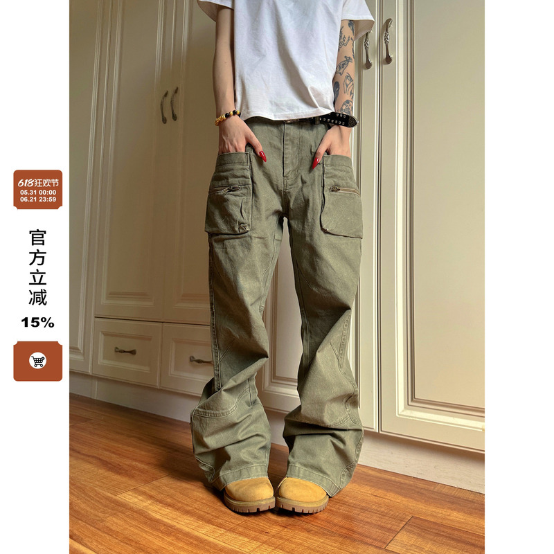 F383 2026 American Retro Cleanfit Double Zipper Pocket Straight-Leg Versatile Loose Cargo Pants for Men and Women