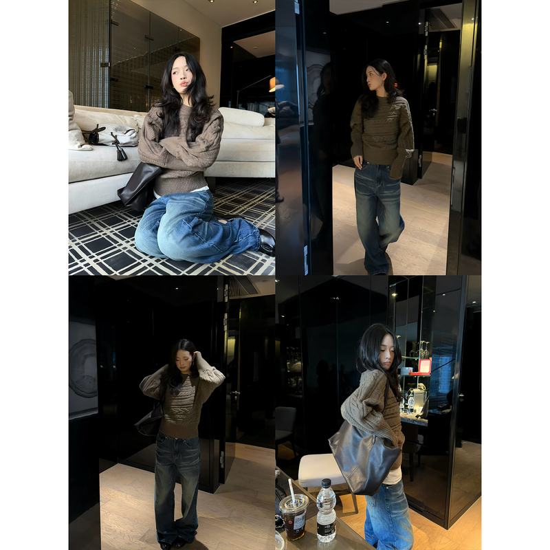 F383 American Retro Detachable Turtleneck Cable Knit Batwing Sleeve Sweater for Women, Autumn and Winter, Casual Versatile Slimming Top