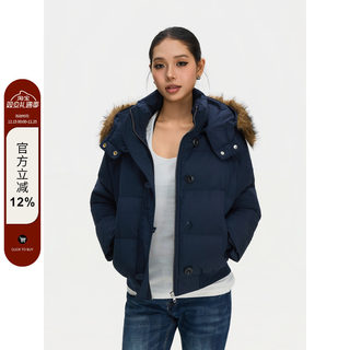 F383 美式复古藏青色休闲百搭短款棉袄毛领加厚保暖棉服外套女ins