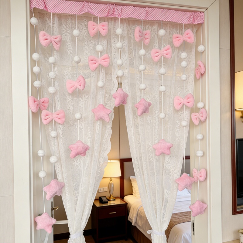 Pink Bobo ins Wind Partition Curtain, No Drilling Required, Bedroom Home Curtain, Girly Decorative Curtain, Room Decoration Hanging Curtain, Feng Shui Curtain