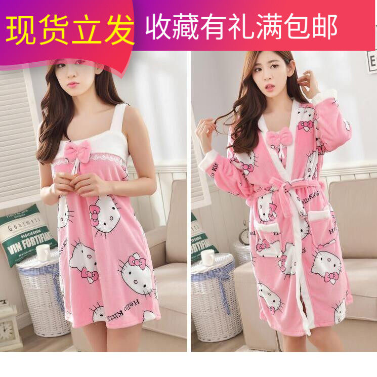Autumn Winter Coral Suede Sleepwear Long Sleeve Thickened Fleece KT Cat Pajamas Sleeping Dress Two Suit Bathrobe home Costume Woman Spring Autumn-Taobao