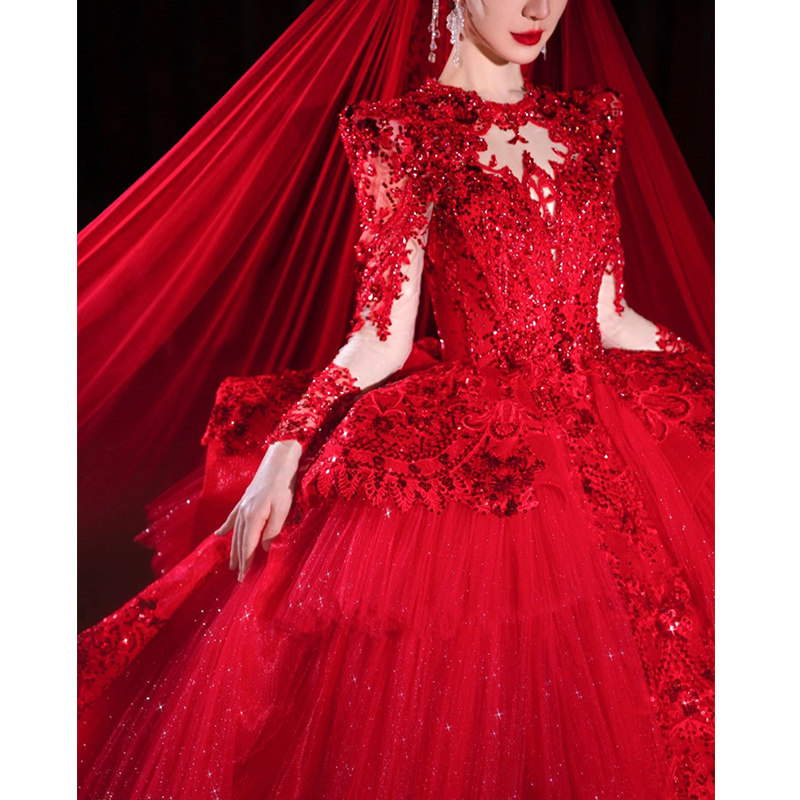 Красное основное свадебное платье 2025 new bride 2026 из пряжи для выхода в свет осенью и зимой в тяжелой промышленности высокого класса с маленькими длинными рукавами