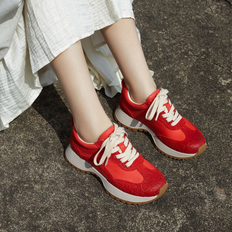 Bajeet/Spain Easy-To-Wear Color-Blocked Dad Sneakers with Genuine Leather Round Toe, British-Style Lace-Up, Thick-Soled Retro Shoes