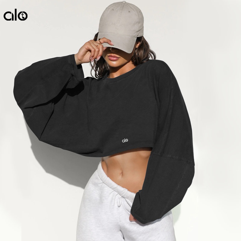 Aloide European and American Style Short Crop Top Round Neck Sweatshirt Running Fitness Yoga Wear Sports Base Layer Knitted Long Sleeve Cover-Up