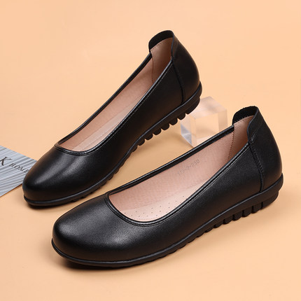 Leather round toe comfortable black work shoes non-slip resistant flat shoes soft surface soft sole not tired feet professional work shoes women