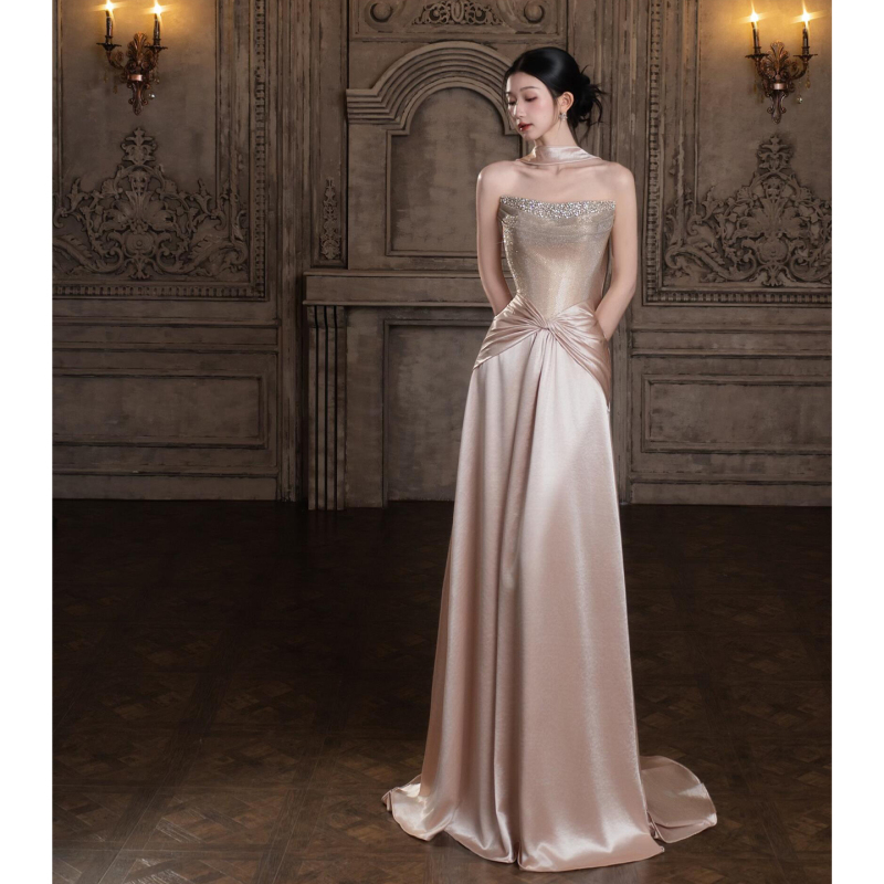 Strapless Banquet Host Evening Dress 2026 New Style High-End and Beautiful Bride Engagement Wedding Dress Toast Dress