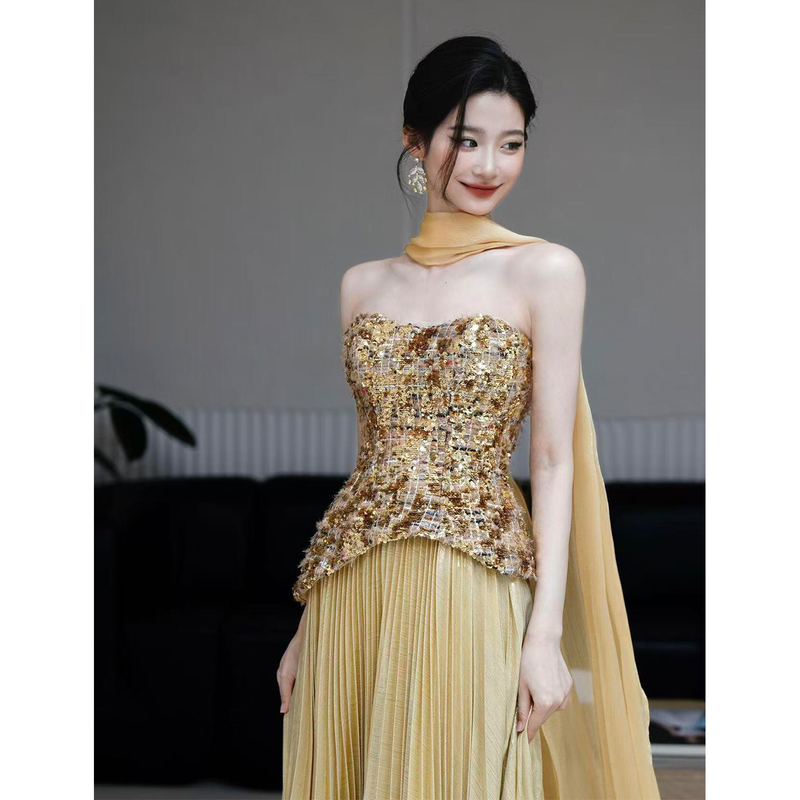 Gold Tube Top Toast Dress, High-End Dressing Gown, Female Bride Engagement Wedding Dress, Light Luxury Banquet Host Evening Dress