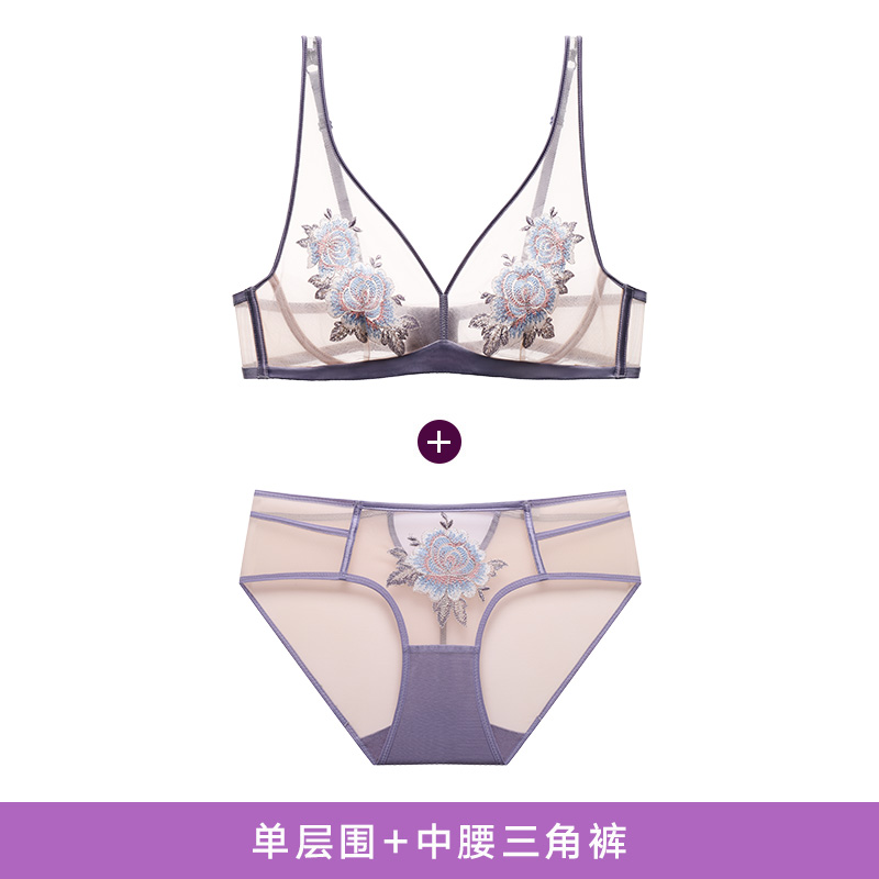 030 Grey + BriefsManiForm  Bra Set  sexy Underwear Thin underpants Netting transparent Hollow out ventilation Embroidery 20842377