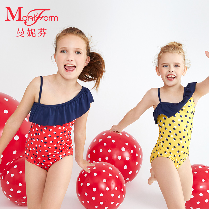 Manifan cute polka dot girls one-piece swimsuit playing with water jacket ruffled children's swimsuit 21030506