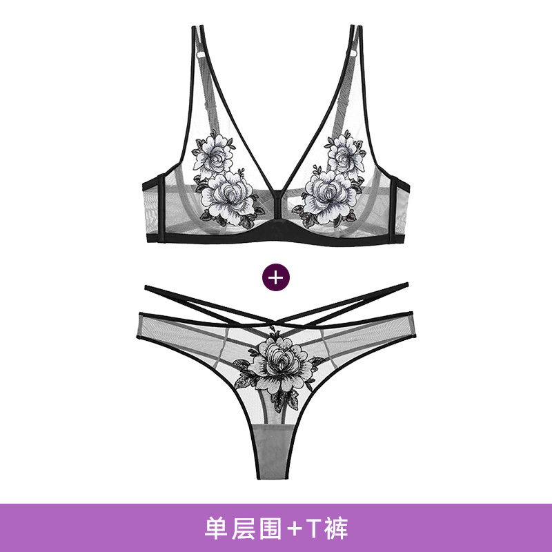 021 & Black + T PantsManiForm  Bra Set  sexy Underwear Thin underpants Netting transparent Hollow out ventilation Embroidery 20842377