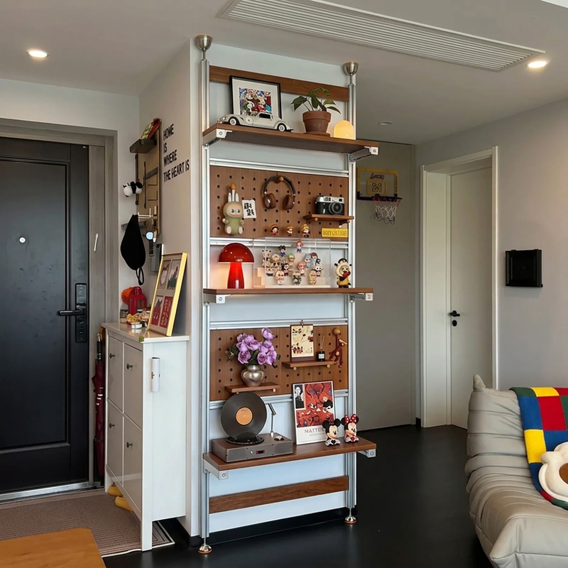 Entrance Hall Solid Wood Core Perforated Board Storage Rack, Floor-To-Ceiling Aluminum Profile Display Wall Storage