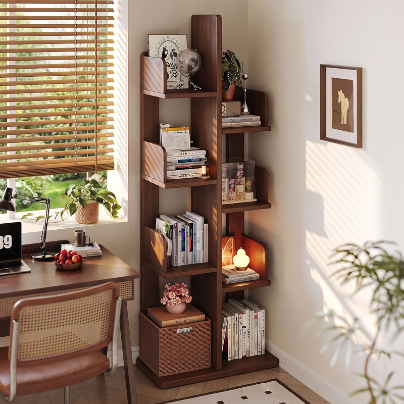 Solid Wood Bookshelf Creative Cactus-Shaped Corner Shelf Floor-Standing Wall-Mounted Integrated Display Rack Storage Narrow Bookcase
