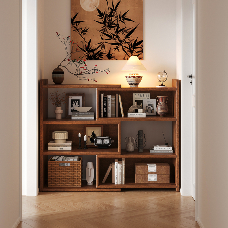 Solid Wood Entryway Cabinet, Bookshelf, Storage Rack, Floor-Standing Wall-Mounted Display Shelf, Extendable Bookcase for Living Room, Hallway, or Corridor End