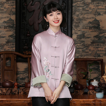Imported tri-acetate Chinese embroidery loose disc buckle blouses retro upright collar embroidered long sleeve Down with big code jacket woman