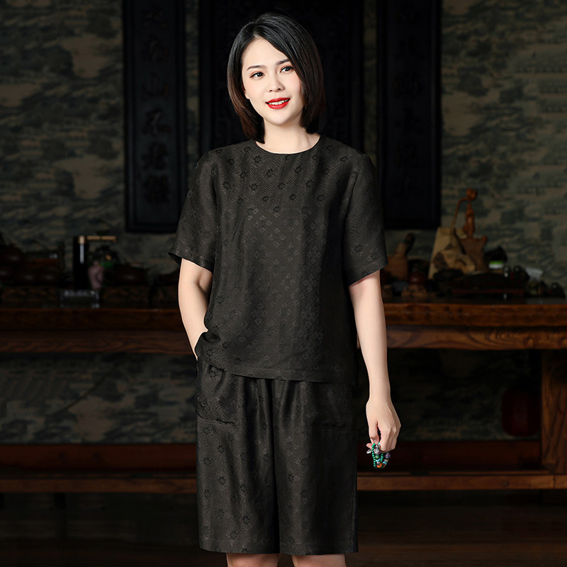 Silk floro fragrant cloud yarn Chinese style suit mulberry silk through hole Roof summer retro two-style blouse trousers women's clothing