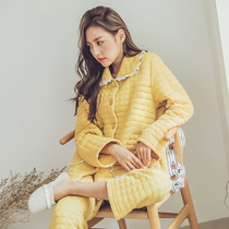 Pajamas female spring and autumn long sleeve cotton plus velvet thickened cotton air cotton set autumn and winter cotton home clothes can be worn outside