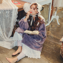 Nightgowns Womens autumn and winter long coral velvet pajamas plus velvet padded home clothes sweet flannel bathrobe can be worn outside