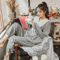 Pajamas female spring and autumn cotton long sleeve Japanese plaid cotton 2021 new foreign style casual home wear suit