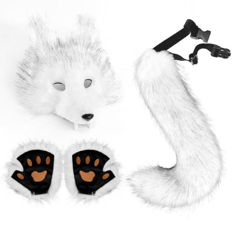 Cosplay Red Wolf Plush Mask 3D Set Halloween Lone Wolf Fangs Mask Tail Gloves Props