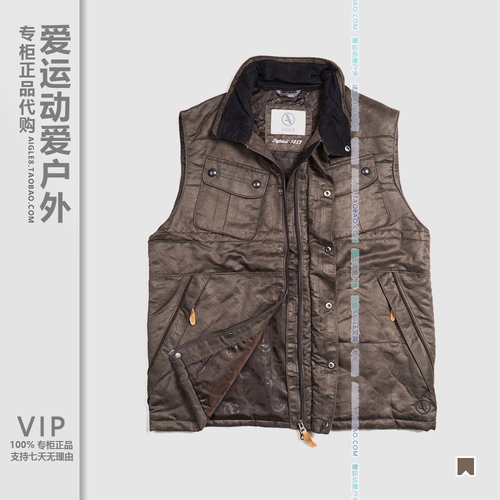 Special AIGLE AIGLE men's multi-pocket suede stand collar warm tooling cotton vest large size