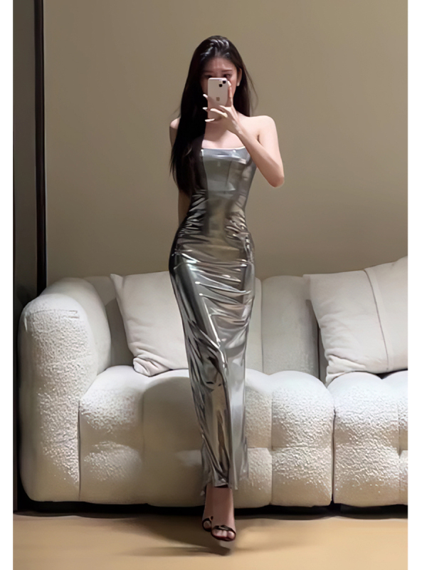 In Stock 2025 Summer Metallic Glossy Sexy Slim-Fit Strapless Dress High-End Mature Dress