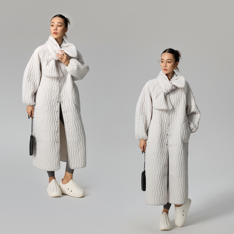 Zzzhang｜Early Morning Savior_Winter Long Cotton Coat, Lazy and Loose Fit, Over-The-Knee Wave-Shaped Quilted Cotton Jacket