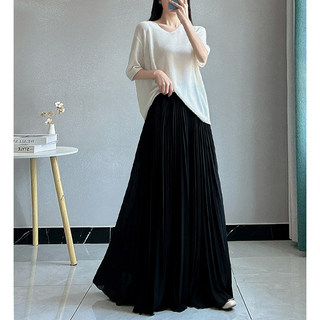 Black Pleated Skirt for Women, Spring and Summer Loose Chiffon Long Skirt, Hip-Covering, Slimming, Irregular, Super Fairy-Like, Large Hem A-Line Skirt