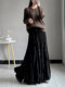 Black Draped Velvet Skirt for Women, Autumn and Winter, High-End Retro Print, Slimming A-Line Umbrella Skirt, Long Skirt with Large Hem