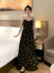 French floral skirt suspender dress for women summer high-end retro printed long skirt black slimming waist skirt