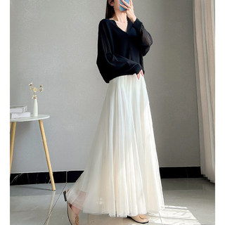White Gauze Skirt, Women's Summer High-Waisted Design, Drapey Mesh A-Line Skirt, Super Fairy-Like, Puffy, Long Skirt