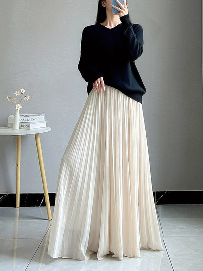 Pleated Skirt, Half-Length Skirt, Women's Long Skirt, Spring, Autumn and Summer, Asymmetrical Large Hem Skirt, Drapey Chiffon, Slimming A-Line Umbrella Skirt