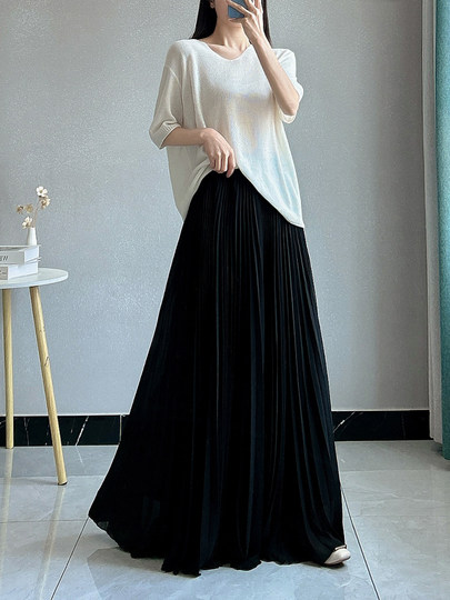 Black Pleated Skirt for Women, Spring and Summer Loose Chiffon Long Skirt, Hip-Covering, Slimming, Irregular, Super Fairy-Like, Large Hem A-Line Skirt