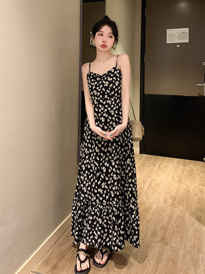 French floral skirt suspender dress for women summer high-end retro printed long skirt black slimming waist skirt