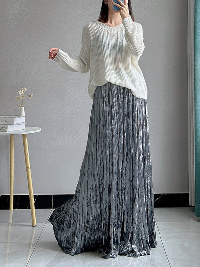 Velvet Skirt for Women, Long Draped Skirt, Autumn and Winter Retro Pleated Skirt, Elastic Waist, Fleece-Lined, Extended Flared Skirt, Umbrella Skirt