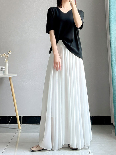 Gentle Style Blue Chiffon Skirt for Women Summer Elastic Waist Asymmetrical Large Hem Long Skirt Super Fairy Draped Umbrella Skirt