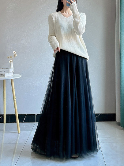 Black Gauze Skirt, Women's High-End Spring and Summer Elastic Waist Mesh Tutu Skirt, Large Hem, Drapey, Super Fairy-Like Long Skirt