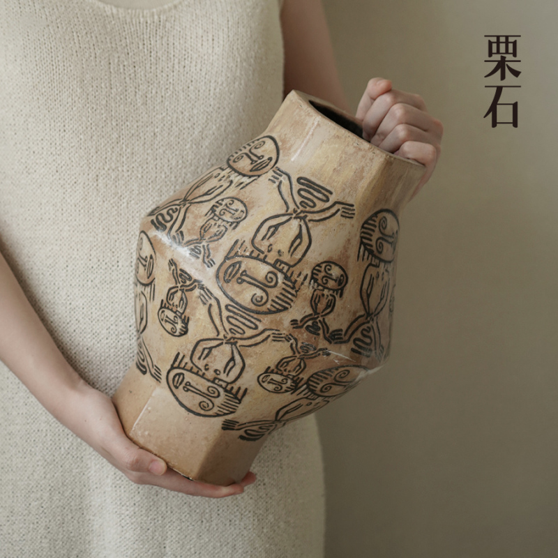 Lishi [Tribal Civilization] Hand-Painted Ceramic Vase Wabi-Sabi Style Vintage Engraved Art Flower Vessel Living Room Decoration