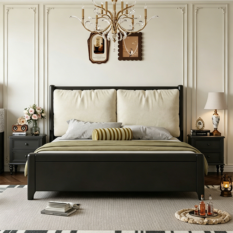 Medieval-Style Bedroom Bed, Black Solid Wood Large Bed, 2m X 2.2m Double Bed, Simple Master Bedroom Soft-Upholstered Floor Bed 1.5m Medieval-Style Bedroom Bed, Black Solid Wood Large Bed, 2m X 2.2m Double Bed, Simple Master Bedroom Soft-Upholstered Floor Bed 1.5m