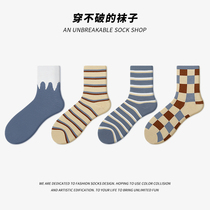 Socks Woman Midbarrel Socks Pure Cotton Summer Thin with Exterior Wearing Grid Couple Sports All-cotton Summer Long Silo Socks