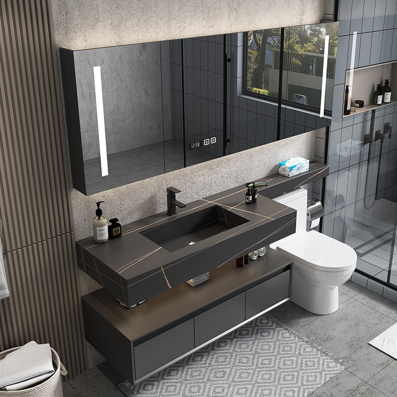 Slate integrated bathroom cabinet combination light luxury solid wood mirror cabinet powder room modern minimalist wash wash basin cabinet - Taobao