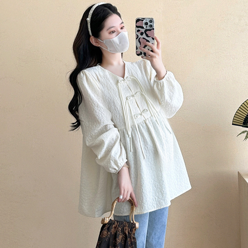 Maternity Tops for Women, Spring 2026 New Style Set, Long-Sleeved Doll Shirt, Loose-Fitting Chinese Style Clothing for Spring and Autumn