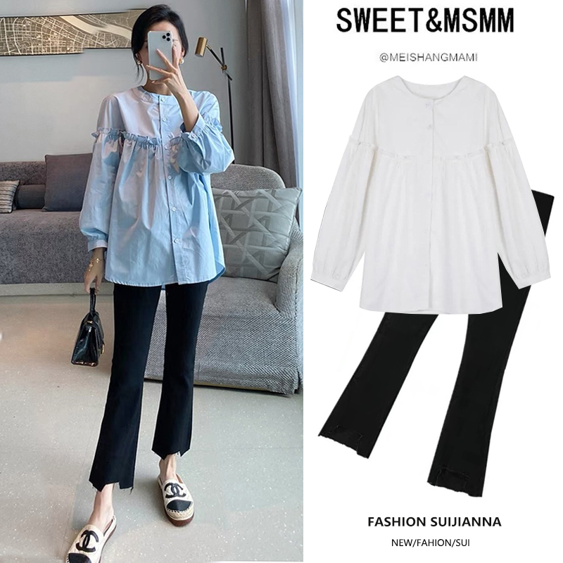 Maternity Spring Outfit Set, Fashionable Internet Celebrity Style, Pure Cotton Long-Sleeved Shirt Top, Loose Casual Stylish Two-Piece Set for Spring and Autumn