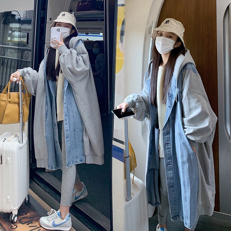 Maternity coat autumn and winter outside wearing plus fleece denim coat in the long winter pregnancy size woman spring and autumn to cover the belly