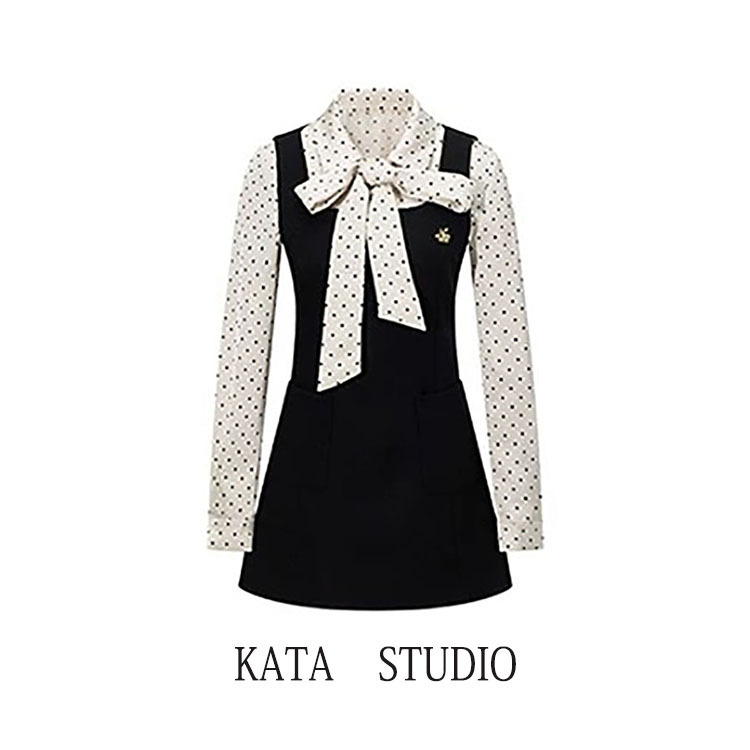 Polka Dot Bow Ribbon Shirt Sleeveless Square Neck Dress Women's Autumn Waist Slimming Vest Short Skirt Suit Polka Dot Bow Ribbon Shirt Sleeveless Square Neck Dress Women's Autumn Waist Slimming Vest Short Skirt Suit