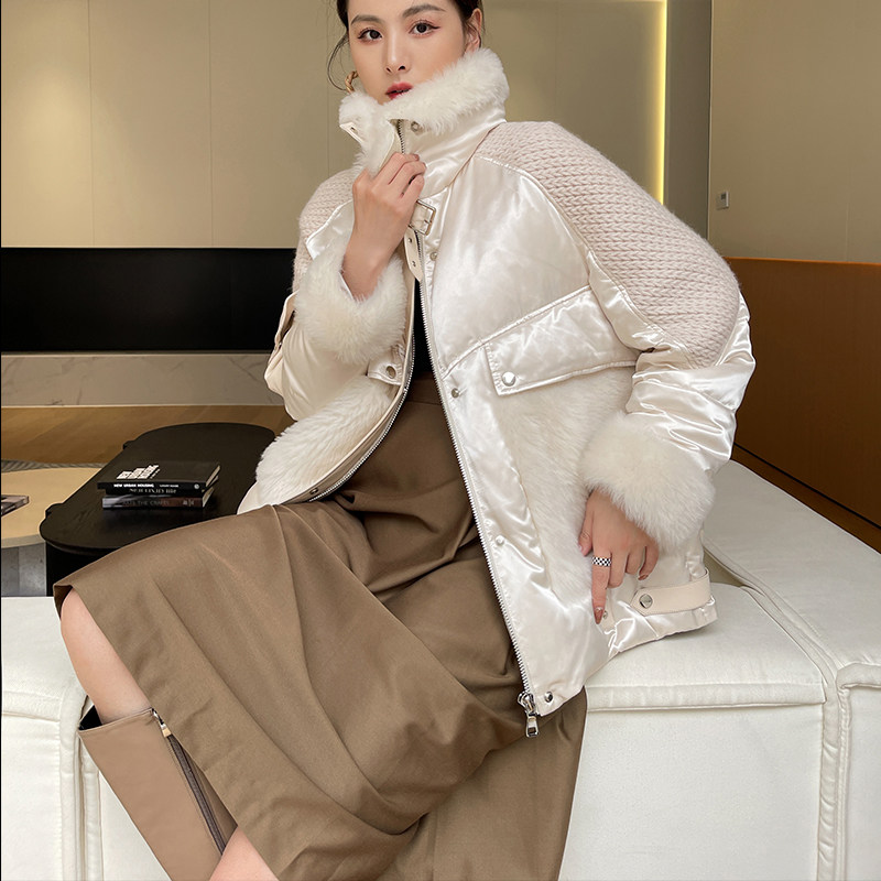 Eurostock Import fabric down jacket Female medium long version of fur integrated collar splicing knitted wool leather straw jacket 2021