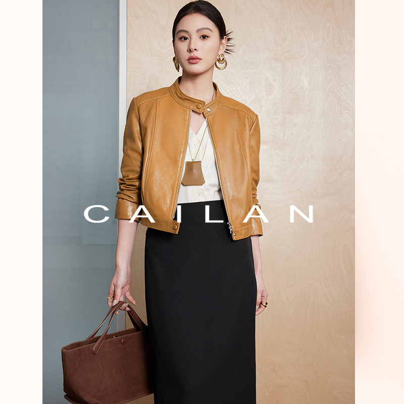 Cailan New Zealand Imported Genuine Leather First-Layer Oil-Waxed Sheepskin Women's Short Stand-Collar Jacket 2025 Spring Leather Coat