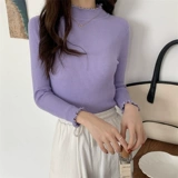 Трикотажный приятный телу осенний свитер, лонгслив, высокий воротник, облегающий крой