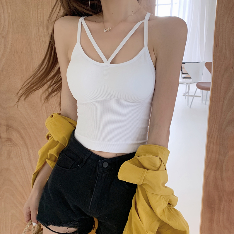 V8 White With Chest PadSmall sling vest female summer Wear out Internet celebrity Hot money Beautiful back Underwear overlapping With chest pad sexy knitting Bottom up jacket